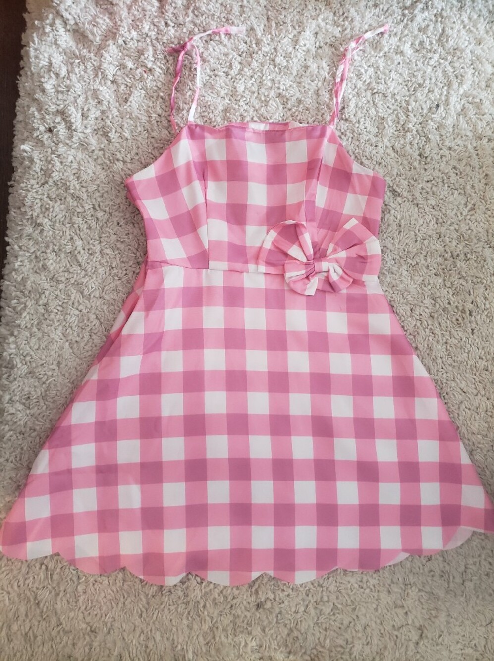 Barbie Costume Womens Pink and White Gingham Bow Dress